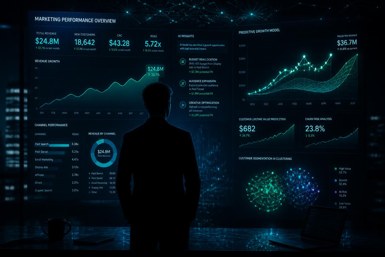 Analista de marketing digital observando dashboards de performance